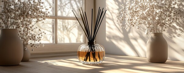 Fototapeta premium Elegant diffuser with reeds in a sunlit room, enhancing ambiance and introducing a soothing aroma to any space.