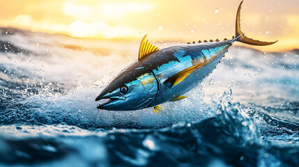 Fototapeta premium tuna fish freshly out of the water, reflecting the sunlight on its shiny scales, with ocean waves splashing below