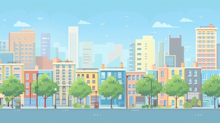 Fototapeta premium Vibrant Urban Cityscape Illustration with Colorful Buildings and Green Trees