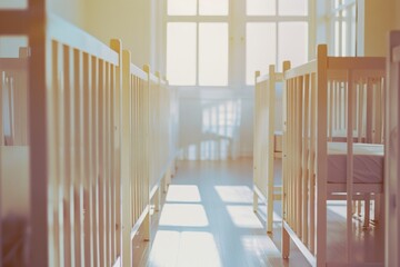 Naklejka premium A row of empty cribs bathed in soft sunlight, creating a warm and serene atmosphere in a nursery.