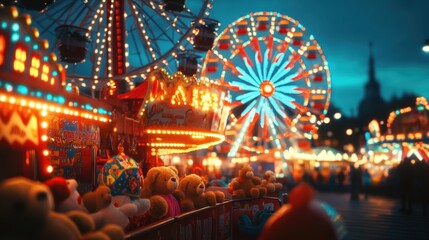 night market. There is a Ferris wheel shining with bright lights, and various rides with colorful lights
