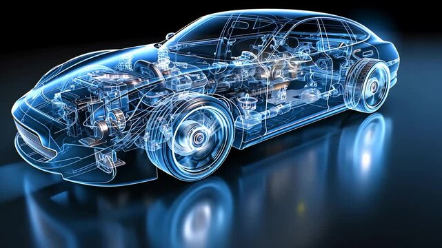 Blue x-ray hologram showing the internal structure of a car