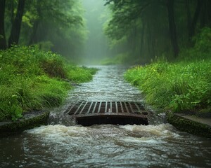 Torrential downpour, stormwater rushing through drains,  Rich jewel tones, Humorous, Timeless Adventure