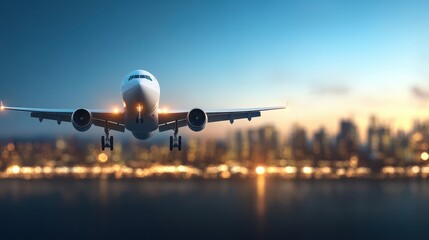 Airplane landing over a city skyline during twilight, capturing the beauty of aviation and urban life in stunning detail.
