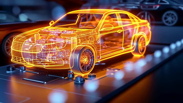 Concept car is being designed using computer aided design software, with a holographic projection showing the car and its internal components