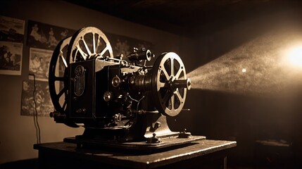 Naklejka premium Generative AI, Vintage film projector casting a beam of light in a dark room, evoking nostalgia for classic cinema with reels spinning and dust particles floating in the warm glow