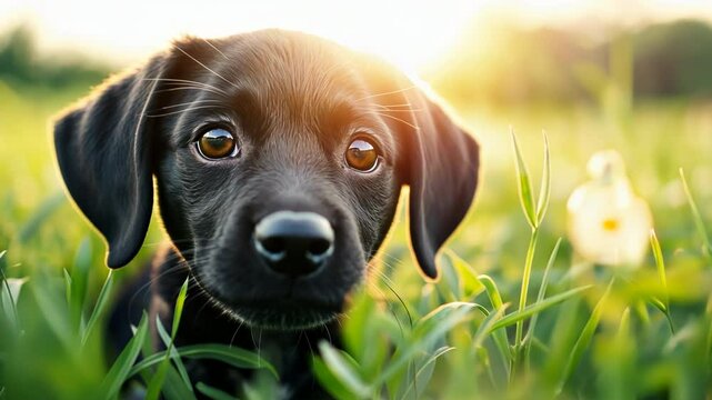 Adorable black Labrador puppy peering through grass at sunset, soulful eyes capturing innocence and curiosity, perfect portrait of man's best friend in nature's golden hour