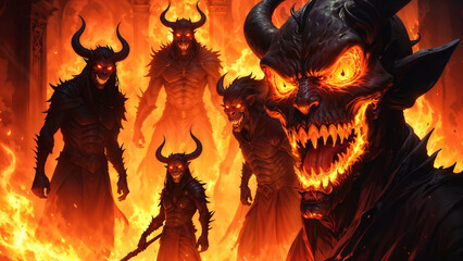 High detailed art illustration biblical concept theme. Devils and demons in hell.  Satan, Lucifer, Beelzebub, Asmodeus, Iblis.