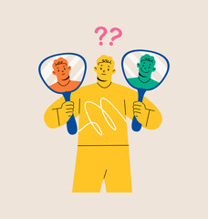 Man holding a mirror showing two. Dissociation of dissociative disorder (DID) concept. Colorful vector illustration