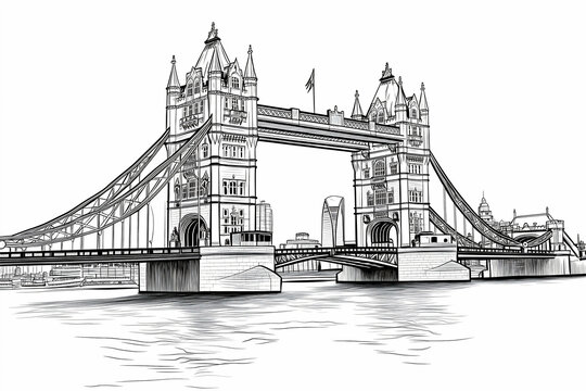 tower bridge and the Thames River in London vector doodle line art