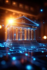 Futuristic bank building with glowing lights, symbolizing innovation in finance and technology.