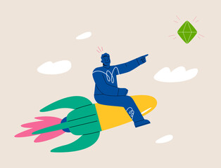Fototapeta premium Men riding on rocket to stars meaning success. Achievement concept. Colorful vector illustration