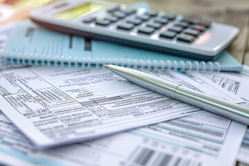 A silver pen resting on tax forms with a calculator and a notepad in the background, representing tax filing or financial documentation.
