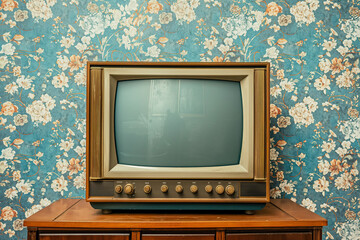 An old vintage television set with multiple dials and knobs, standing against a floral wallpaper...