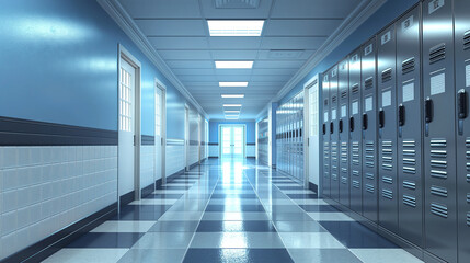 Obraz premium A brightly lit school hallway with metallic lockers, checkered floor tiles, and a door at the far end.