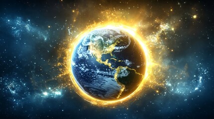 Fototapeta premium Earth protected by a shield of light. The Earth encased in a glowing and protective shield made of light, with harmful elements being repelled away from the planet