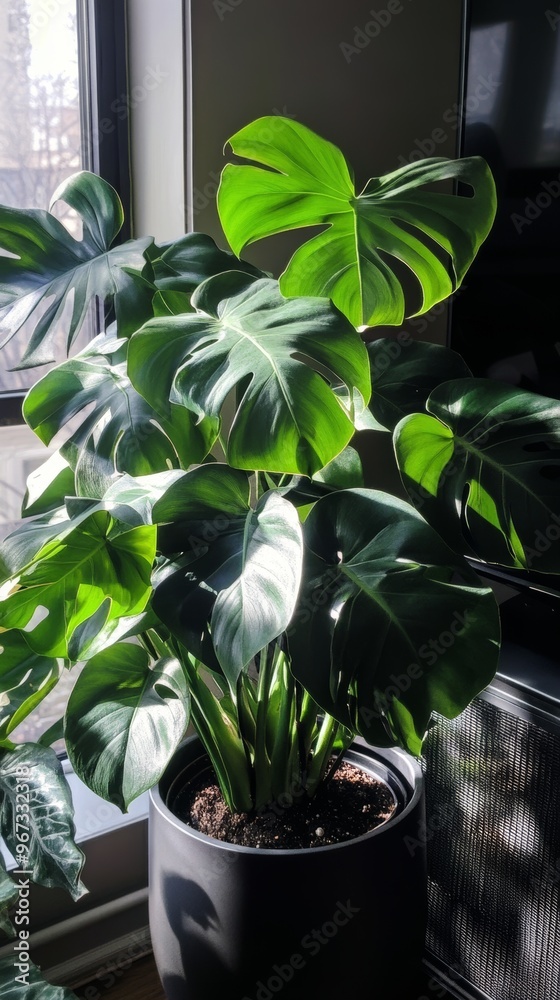 Wall mural a potted monstera plant by the window in minimalist style of indoor plants