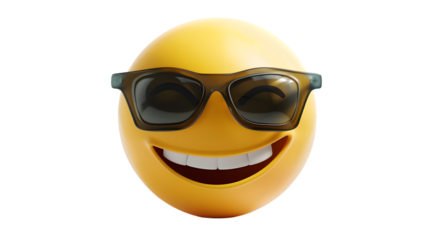 A 3D realistic cool emoji with sunglasses and a confident smile, isolated on white background