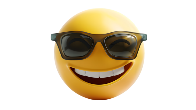 A 3D realistic cool emoji with sunglasses and a confident smile, isolated on white background
