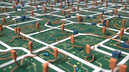 Obraz premium Another group of cables could be playing hopscotch on a giant motherboard, using small circuits as their 