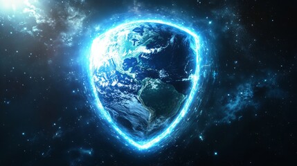 Obraz premium Earth protected by a shield of light. The Earth encased in a glowing and protective shield made of light, with harmful elements being repelled away from the planet