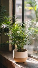 a potted Norfolk island pine plant by the window in minimalist style of indoor plants