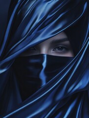 Naklejka premium Blue fabric with silky textures in dynamic movement.