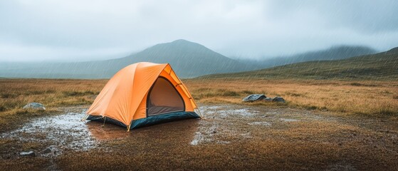 Rain-soaked landscape, waterproof tent standing firm,  Rich jewel tones, Humorous, Timeless Adventure