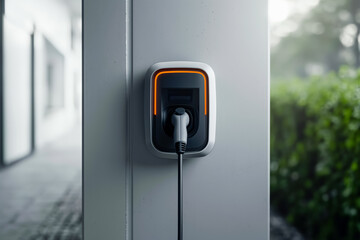 Front view modern black-orange Electric Vehicle Charging Cable and Plug on the grey column outside in yard.