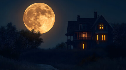 Haunted house with a large full moon