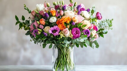 A vibrant bouquet of assorted flowers in a glass vase.