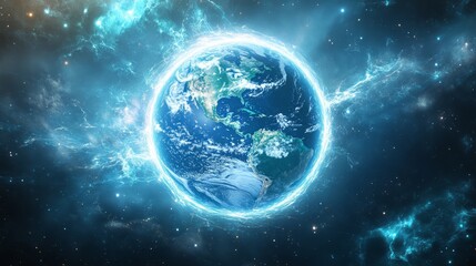 Obraz premium Earth protected by a shield of light. The Earth encased in a glowing and protective shield made of light, with harmful elements being repelled away from the planet