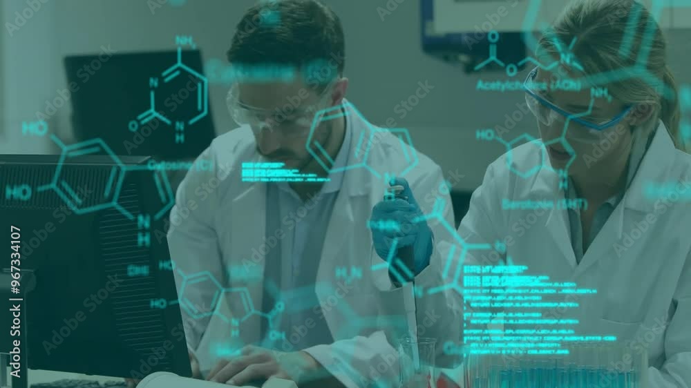 Sticker Animation of data processing and chemical formula over diverse scientists working in lab