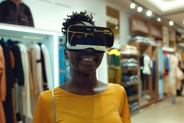 A woman experiences virtual reality in a modern store, immersed in a digital world while shopping, reflecting a blend of technology and retail.