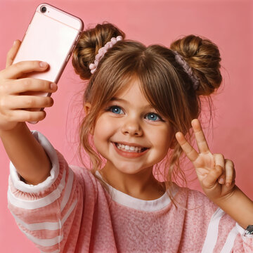 Jeune fille souriante prenant un selfie sur un fond uni rose, symbolisant la tendance et l'importance de l'image chez les jeunes &agrave; travers les r&eacute;seaux sociaux et la soci&eacute;t&eacute; de l'image