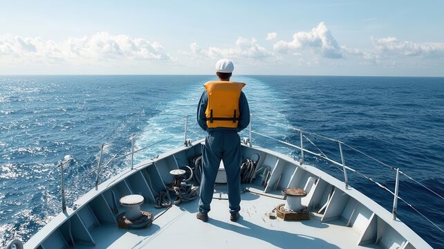 A sailor standing on the bow of a ship, overlooking the vast ocean ahead, Maritime life, shipping journey