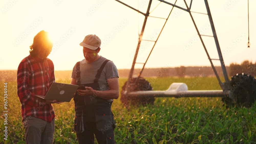 Wall mural irrigation agriculture. two farmers silhouette with a laptop work in a field with corn at the back i