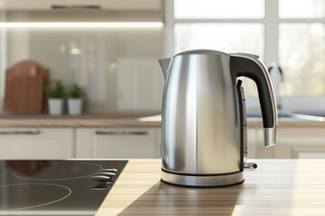 A sleek, stainless steel electric kettle sits on a modern kitchen countertop, basking in the natural light from a nearby window.