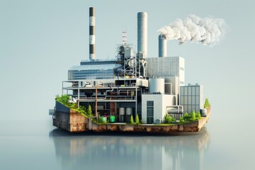 Obraz premium Industrial facility on a reflective water surface, spewing white smoke, showcasing a blend of modern architecture and natural elements with green patches.