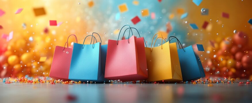 minimalist dynamic elements like price tags, shopping bags, and discount percentages floating around, sale campaign