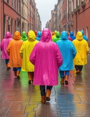 Rain-soaked street, group of people in colorful raincoats,  Rich jewel tones, Humorous, Timeless Adventure