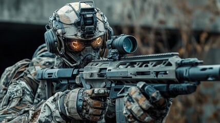 Futuristic Soldier Aiming Rifle