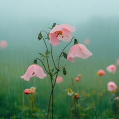 Heavy rain, wind-blown flowers,  Rich jewel tones, Humorous, Timeless Adventure