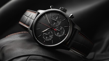 Elegant black chronograph watch displayed on a soft leather surface, highlighting craftsmanship and design details in a luxurious setting