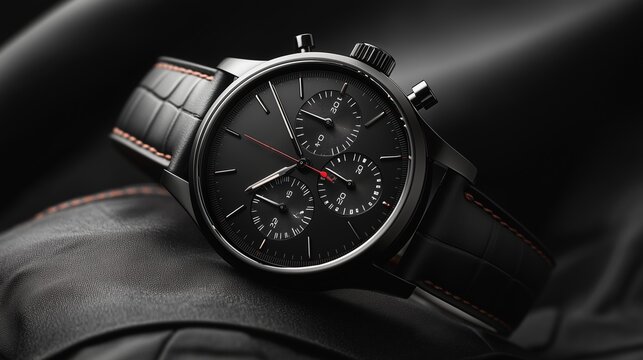 Elegant black chronograph watch displayed on a soft leather surface, highlighting craftsmanship and design details in a luxurious setting