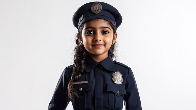 An Indian girl dressed as a police officer