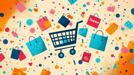 A vibrant, playful design for a "Clearance Sale" with bright, bold colors like orange, blue, and green, combined with cartoon-style icons of shopping carts, tags, and confetti