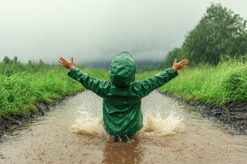 Heavy rain, person in raincoat splashing through puddles,  Rich jewel tones, Humorous, Timeless Adventure