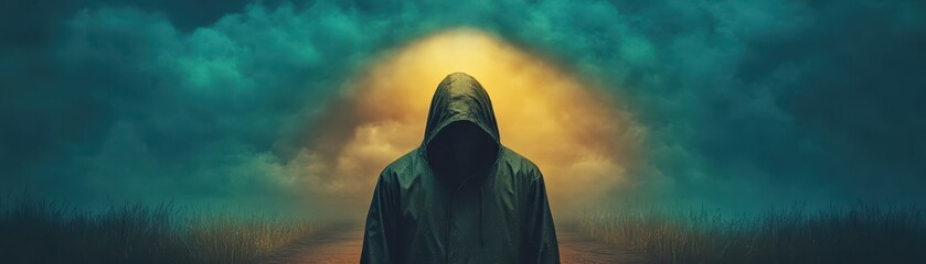 Stormy night, figure in hooded raincoat under streetlight,  Rich jewel tones, Humorous, Timeless Adventure