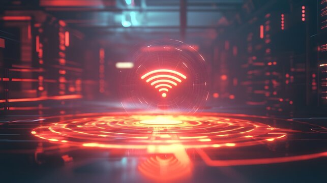 Wi-Fi waves emanating from a central icon in a high-tech laboratory, realistic style, bright LED lighting with sharp details, cool tones with sleek textures, mood of scientific progress and